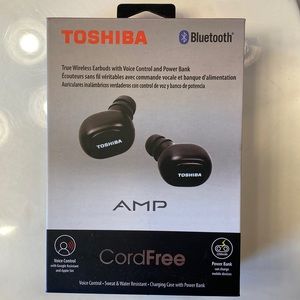 Toshiba Bluetooth Earbuds. Voice Control Charging Case w/ Power Bank New in Box